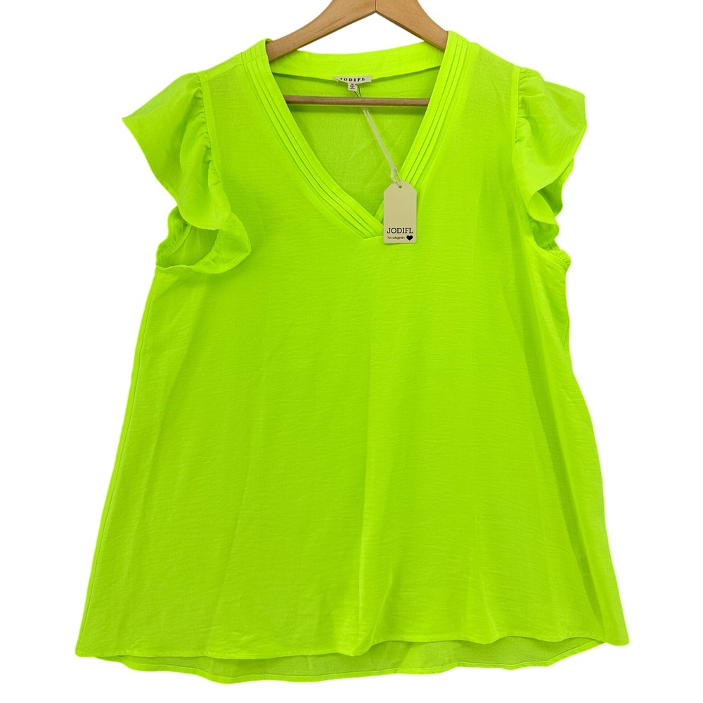 Jodifl Nikki Top Neon Lime Green Ruffle Sleeve V-Neck Pleated Blouse NEW SZ M